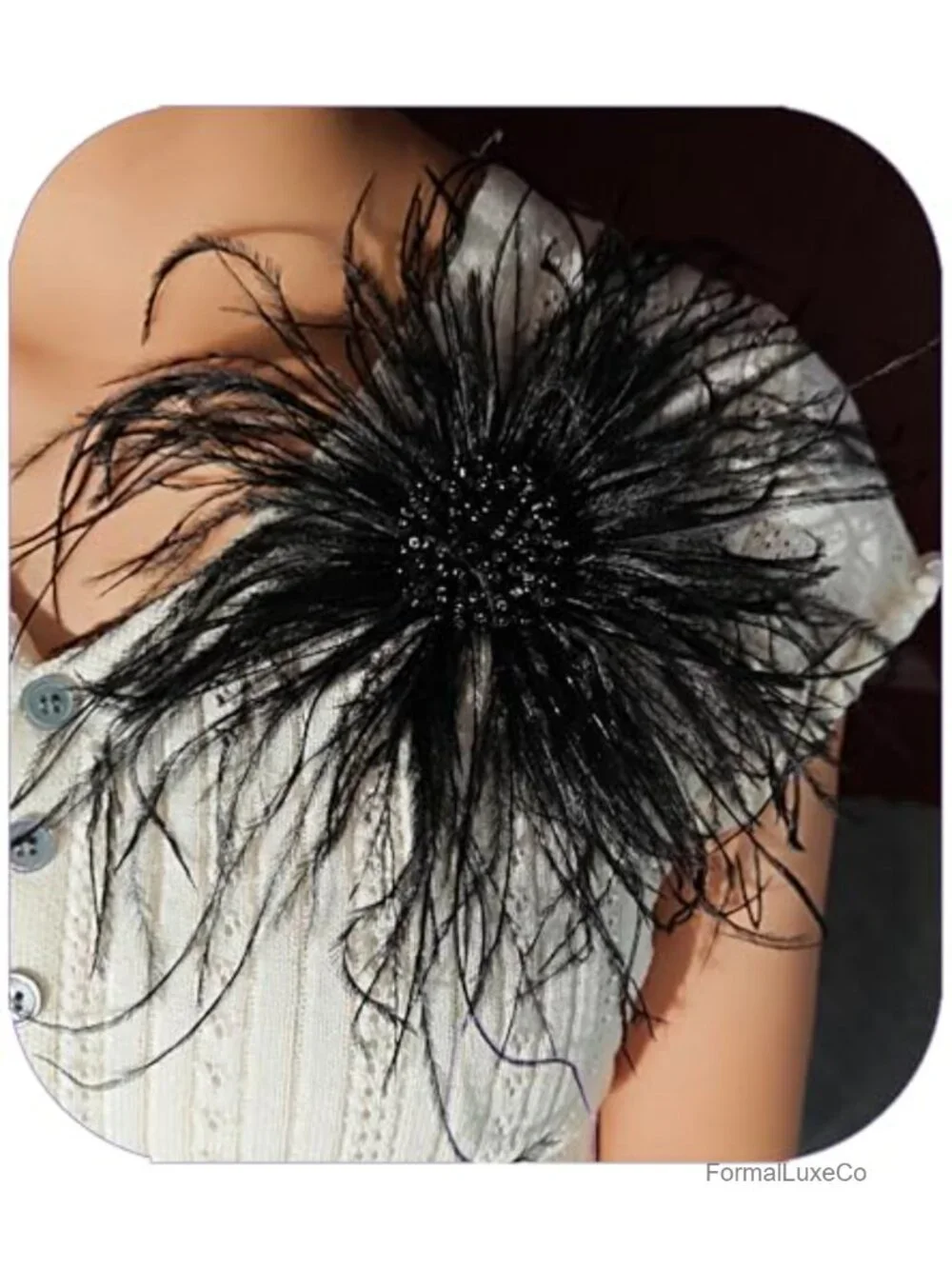 8 inch Large Ostrich Feather Brooch with Austrian Crystal, Dual Hair Clip and
